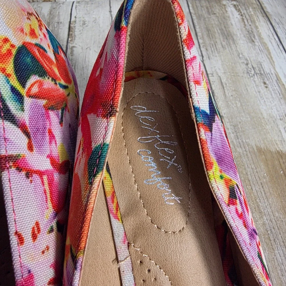 Dexflex Comfort Womens Floral Peep Toe Wedge Shoes Pink Multicolor Bow Size 8.5